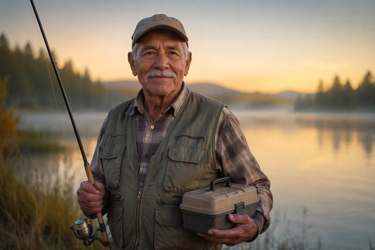 Elderly Fisherman Portrait by Misty Lake
