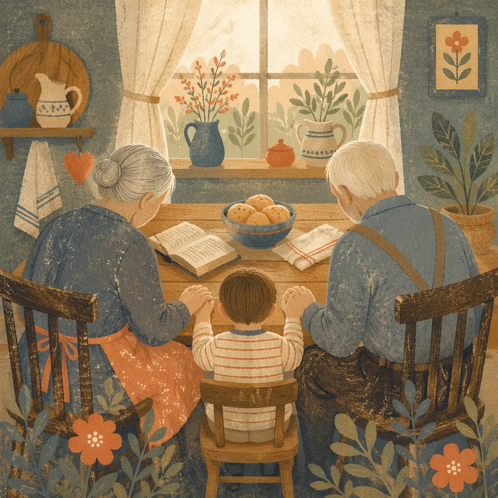 Grandparents and Grandchild Praying at Breakfast