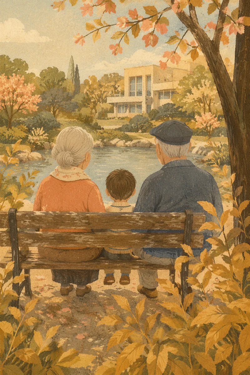 Grandparents and Grandchild by Garden Pond