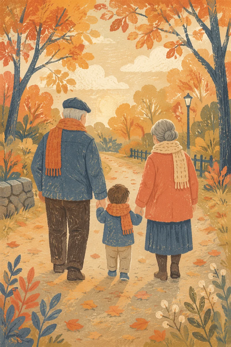 Grandparents and Grandchild Autumn Park Walk