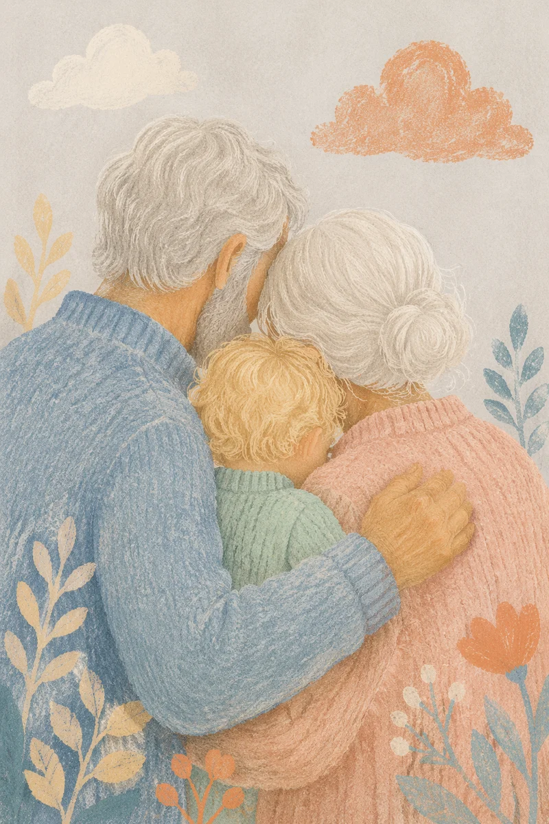 Grandparents Embracing Grandchild in Pastel Portrait