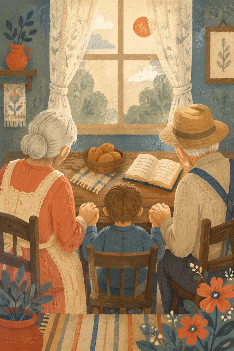 Grandparents and Grandchild Praying at Breakfast