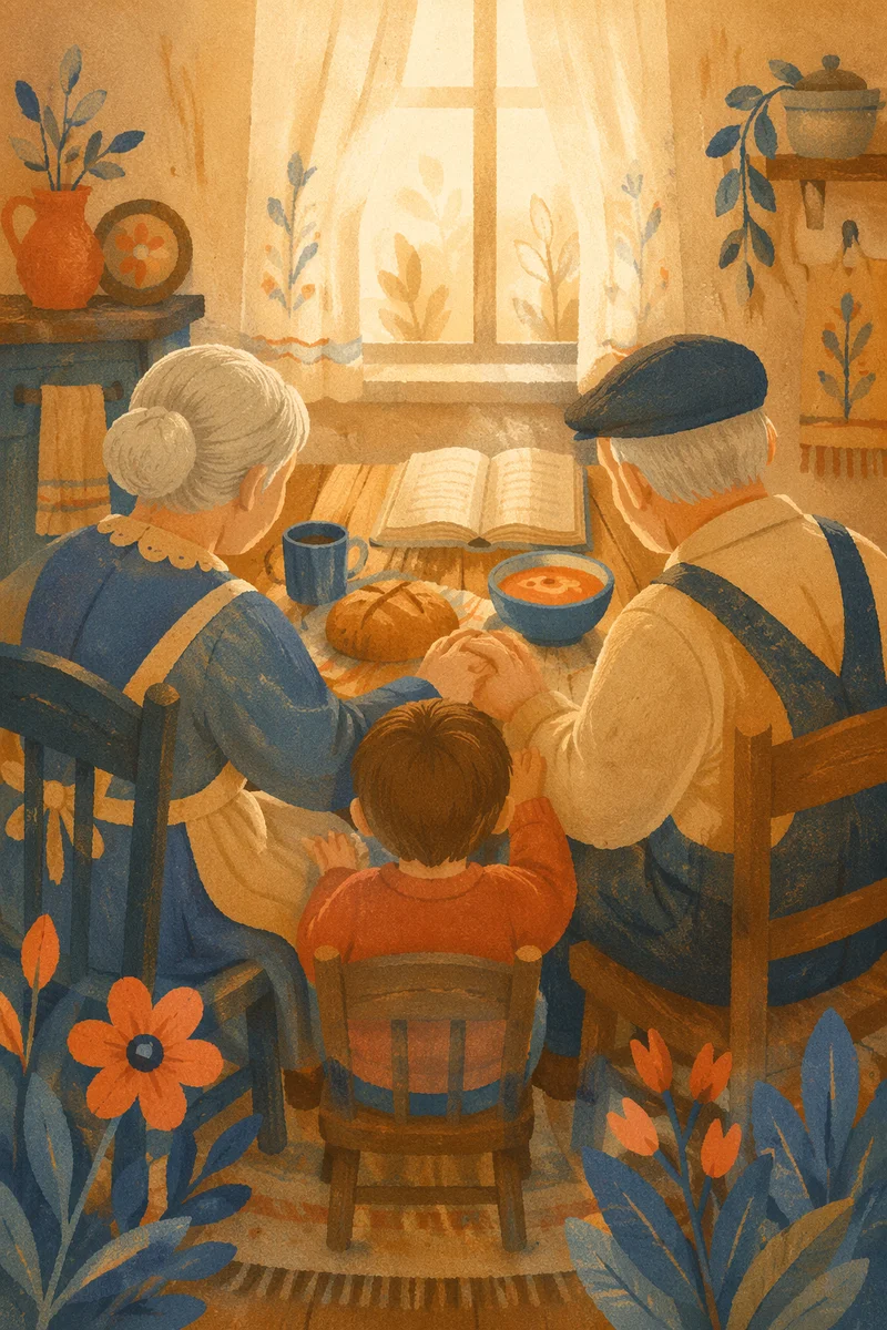 Grandparents and Grandchild Sharing Mealtime Blessing