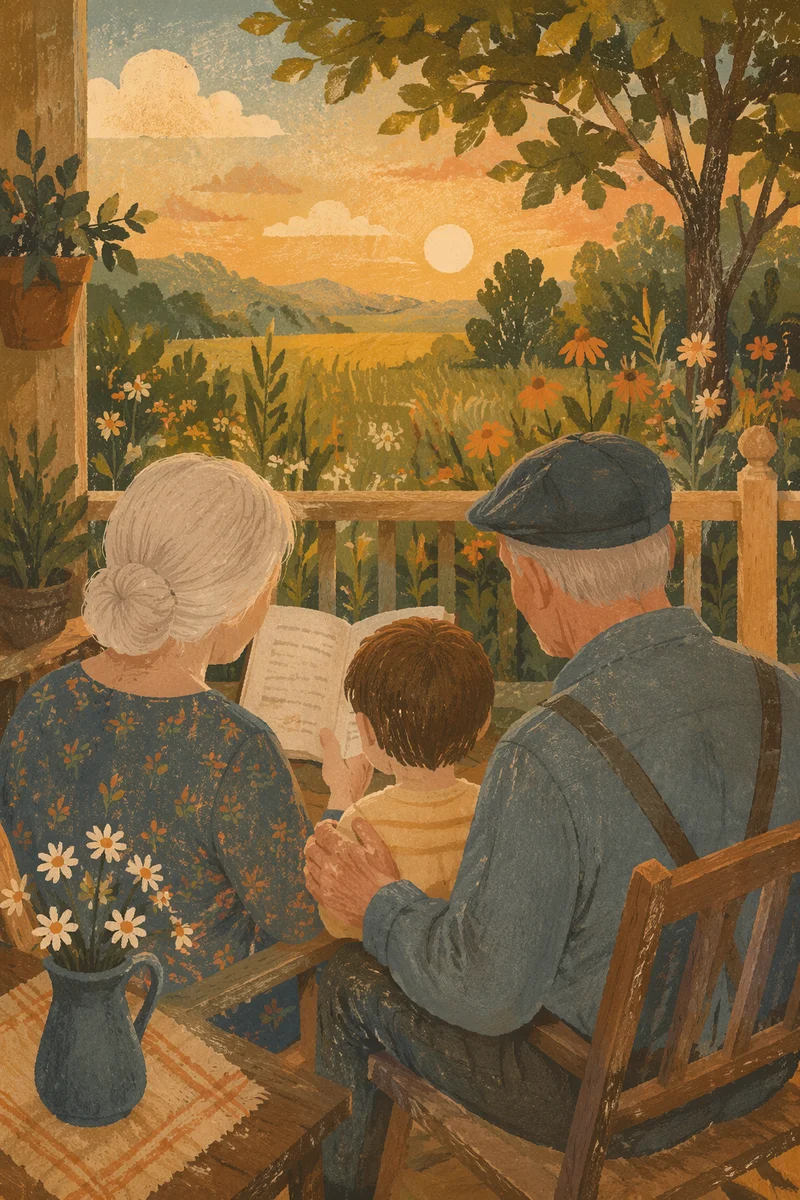 Grandparents Reading With Grandchild at Golden Hour