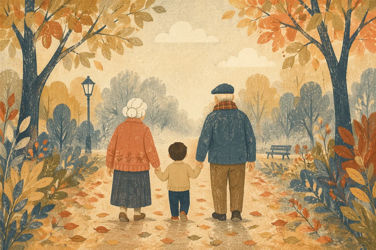 Grandparents and Grandchild Walking in Autumn Park