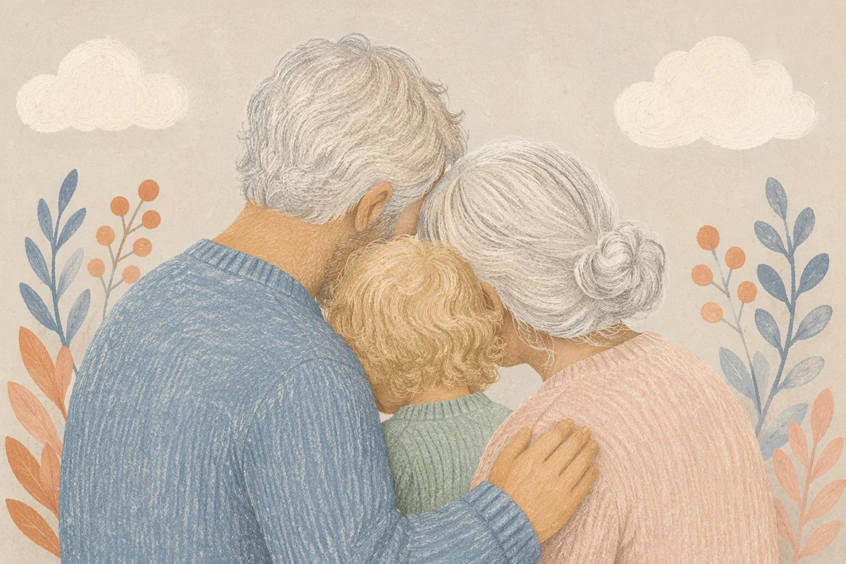 Grandparents Embracing Grandchild in Pastel Portrait