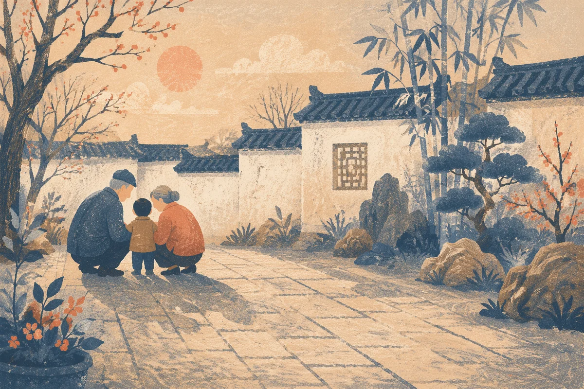 Grandparents and Grandchild in Quiet Courtyard