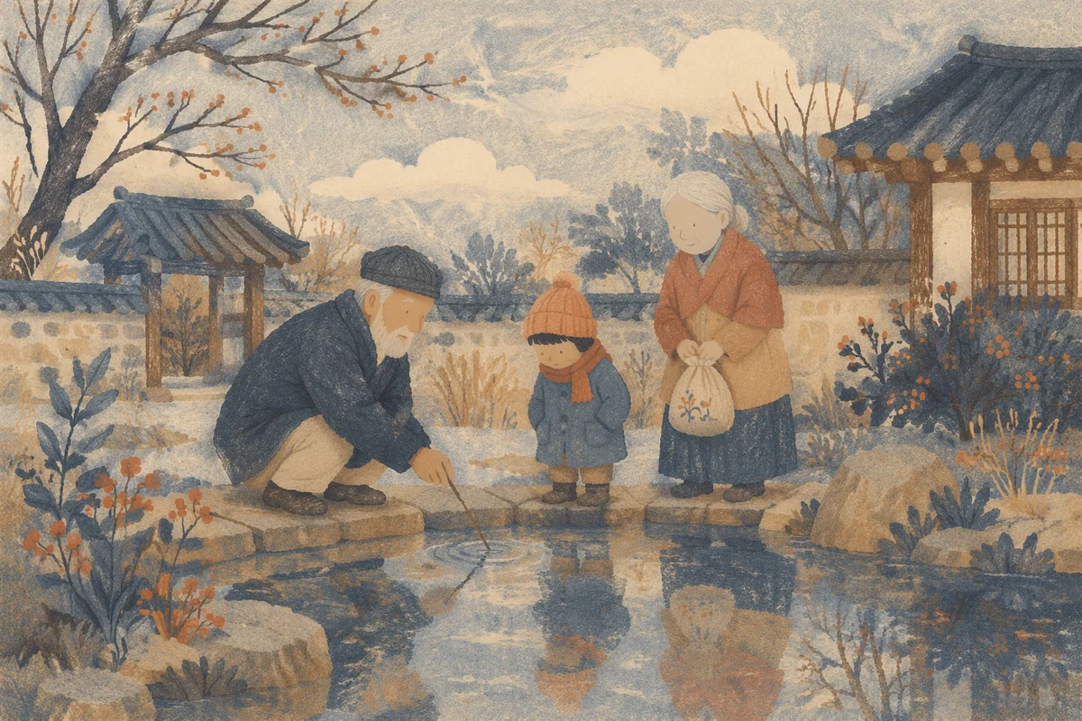 Grandparents and Grandchild by Winter Pond