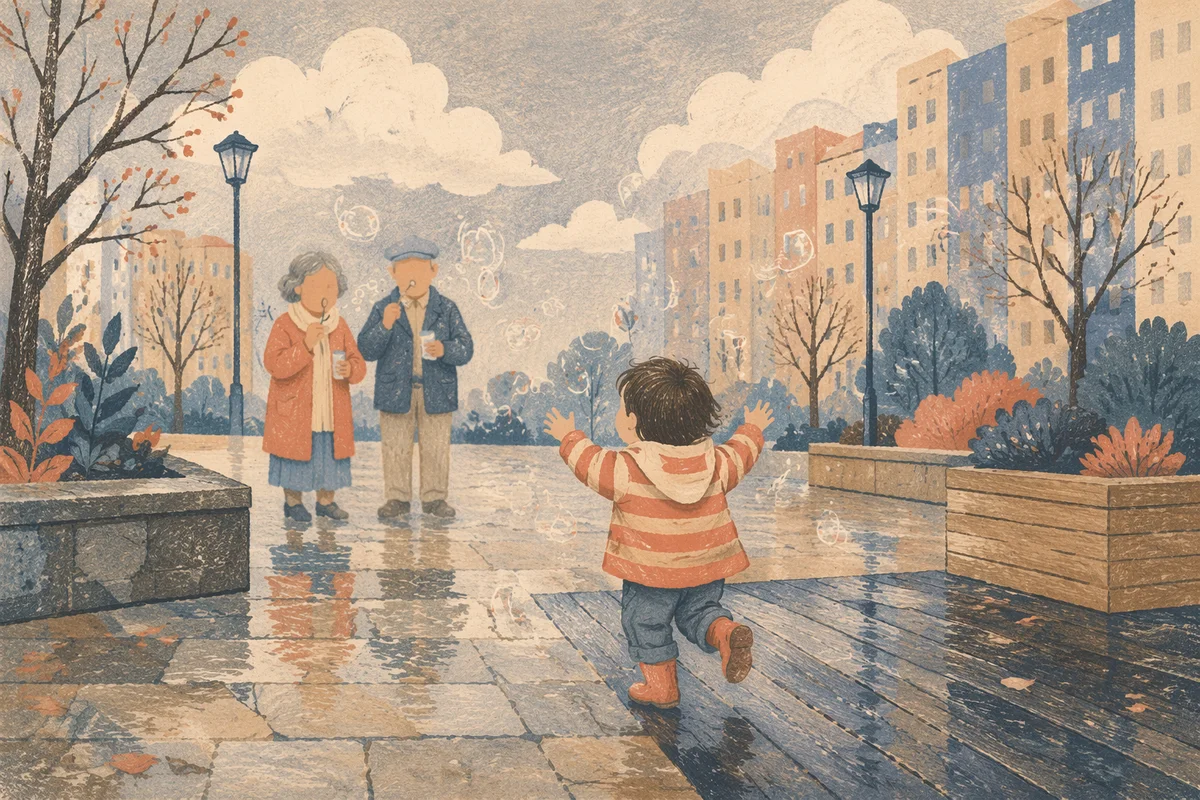 Grandparents and Grandchild Playing After Rain