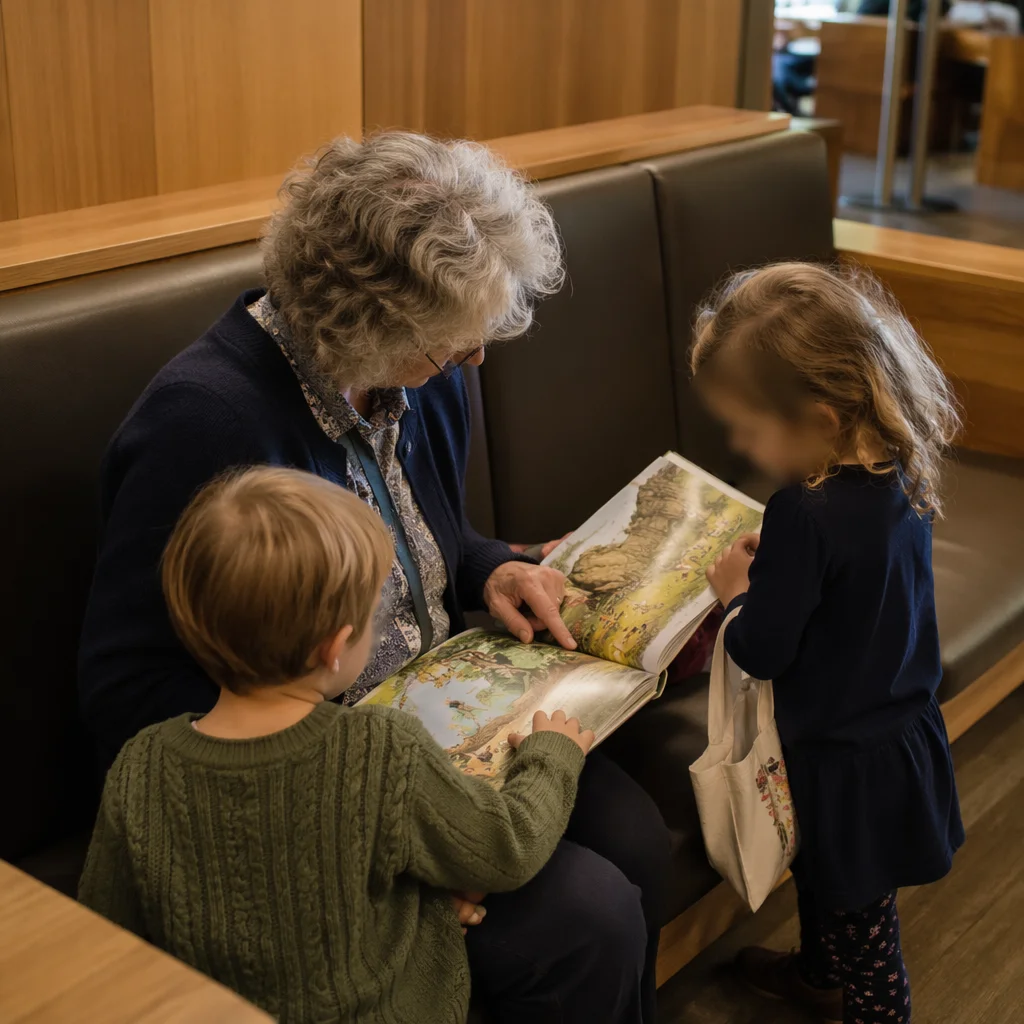 Grandmother Reading With Grandchildren in Cozy Library