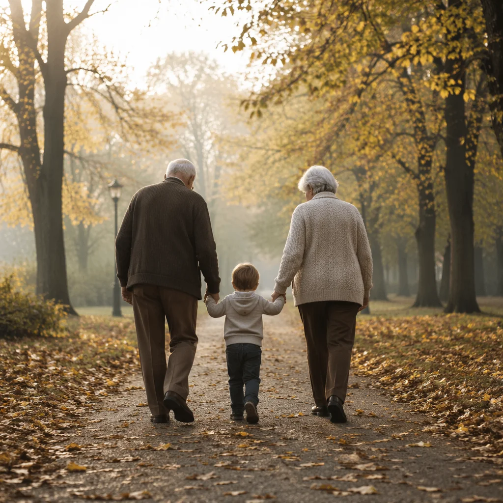Grandparents and Grandchild Walking in Autumn Park