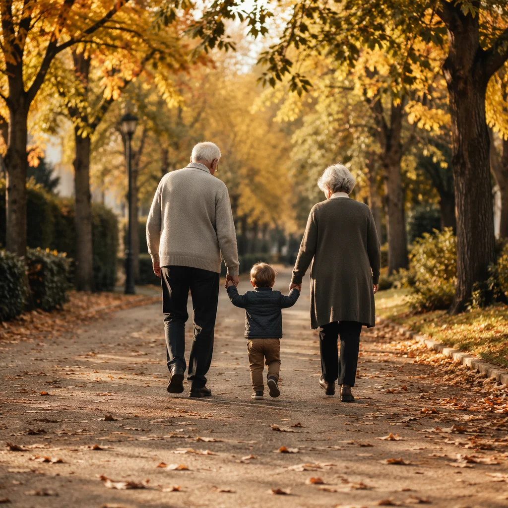 Grandparents and Grandchild Walking in Autumn
