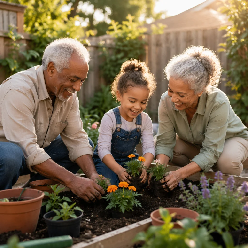 Grandparents and Grandchild Gardening Together at Sunset
