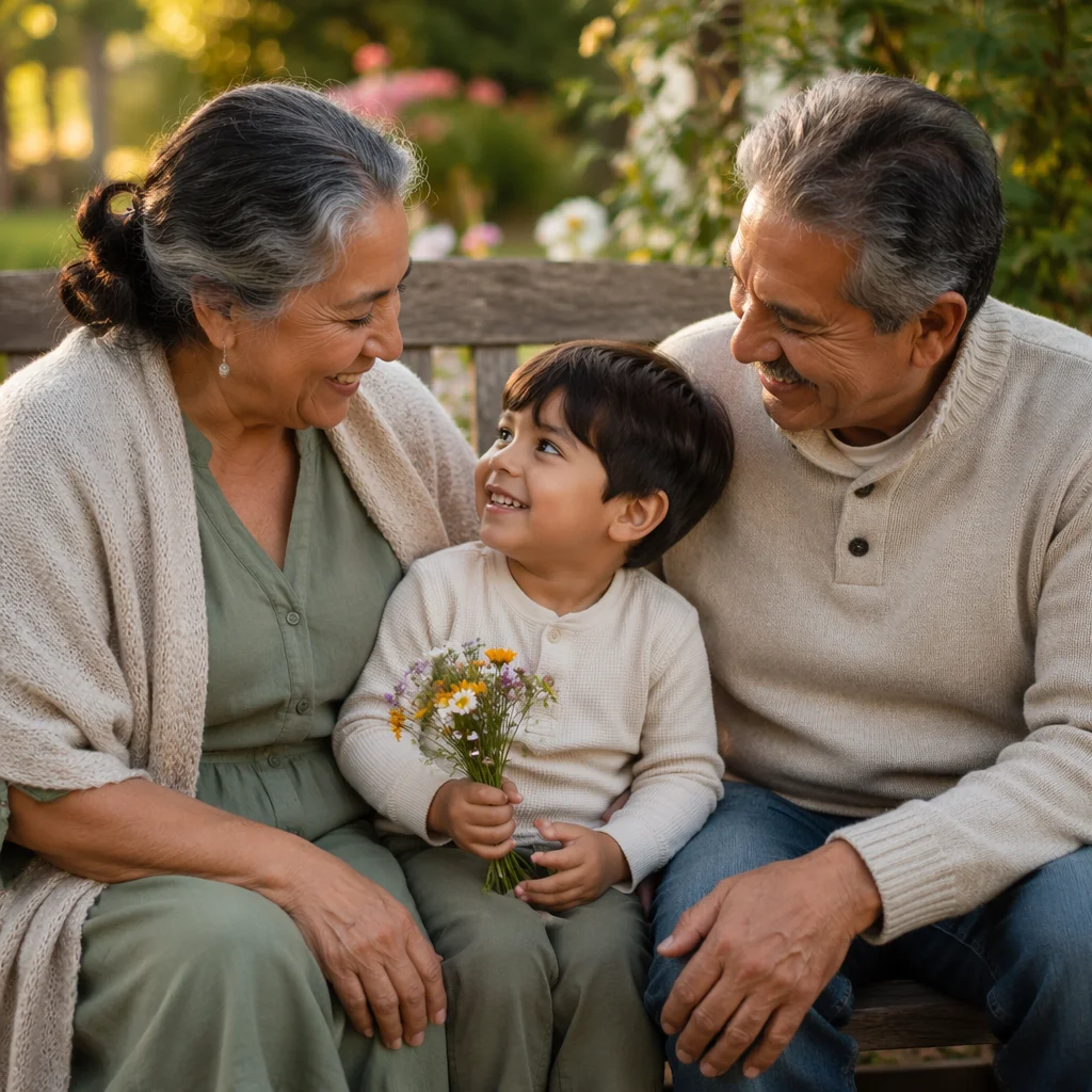 Grandparents and Grandchild in Garden Portrait