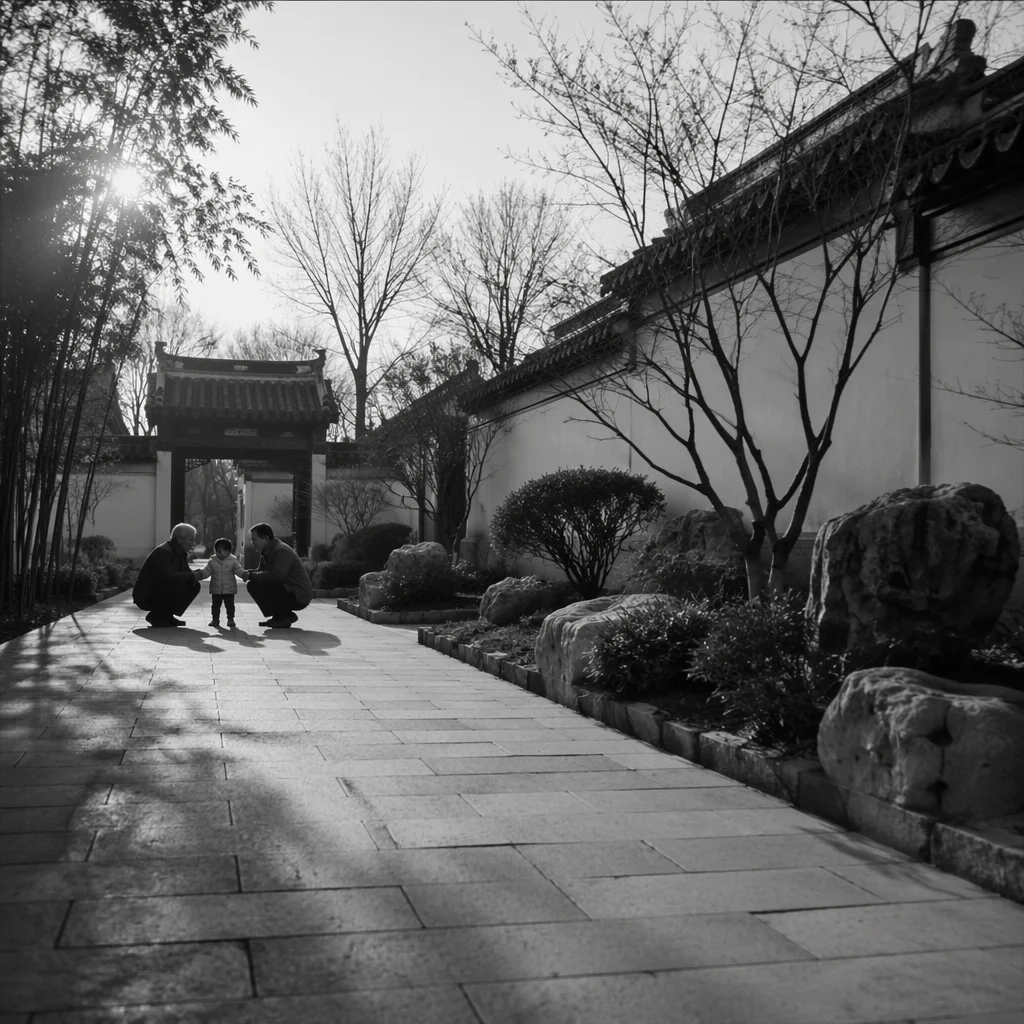 Grandparents and Grandchild in Quiet Courtyard