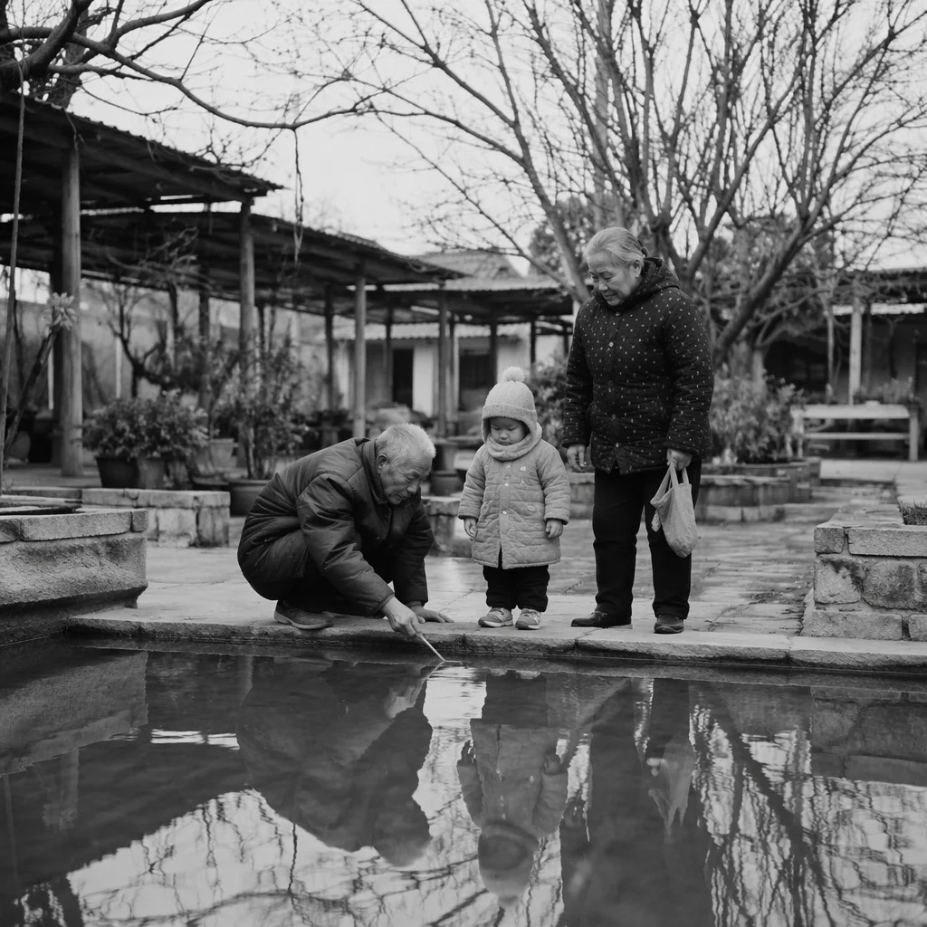 Grandparents and Grandchild by Winter Pond