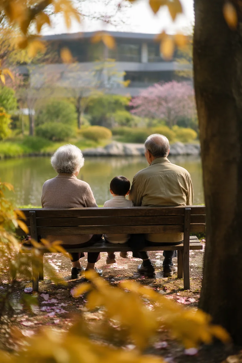 Grandparents and Grandchild by Garden Pond