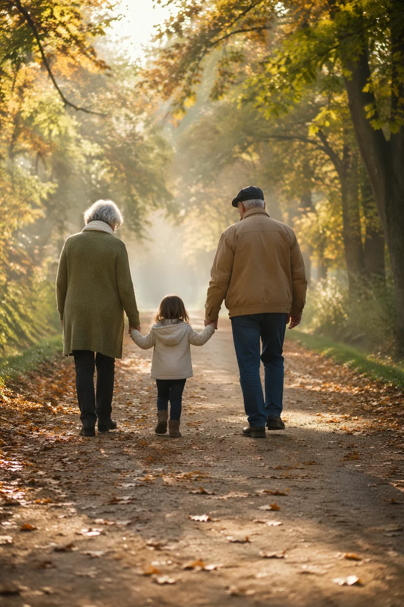 Grandparents Walking with Grandchild in Autumn Park