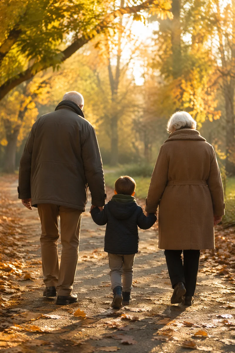 Grandparents and Grandchild Walking in Autumn