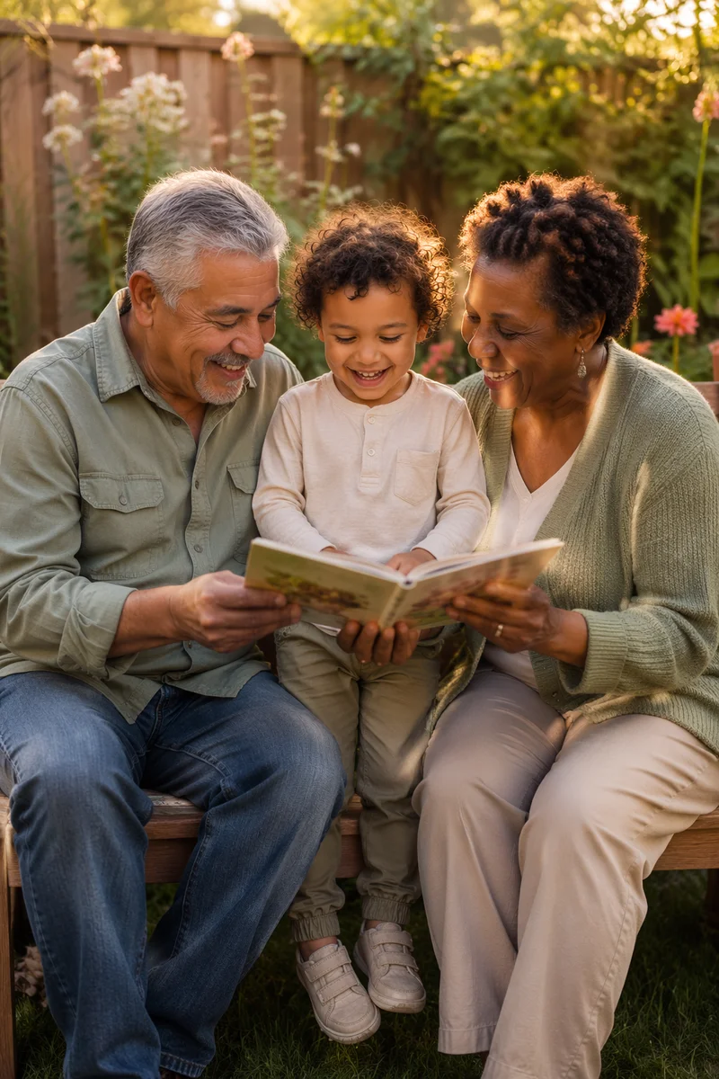 Grandparents and Grandchild Reading in Garden