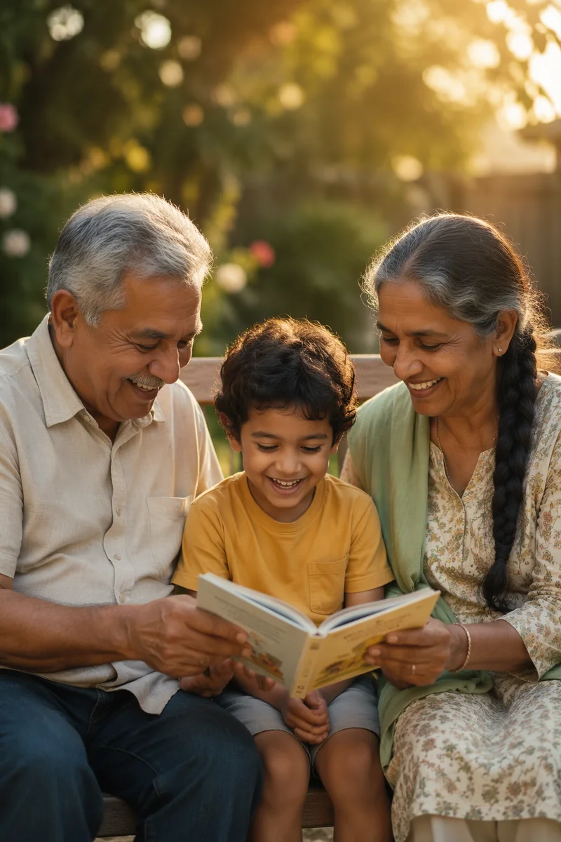 Grandparents Reading With Grandchild in Garden