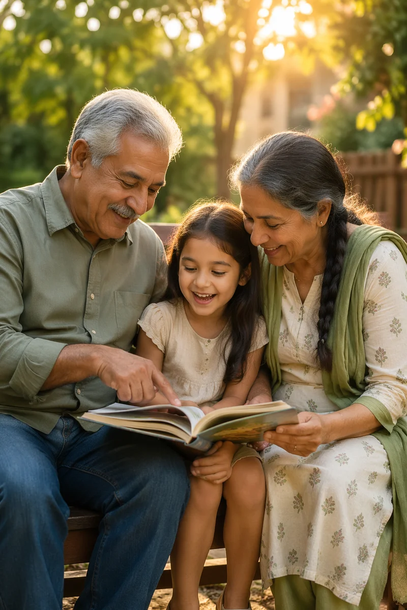 Grandparents Reading with Granddaughter in Garden