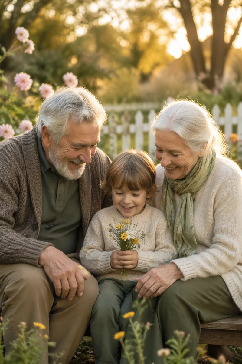 Grandparents and Child Laughing in Garden