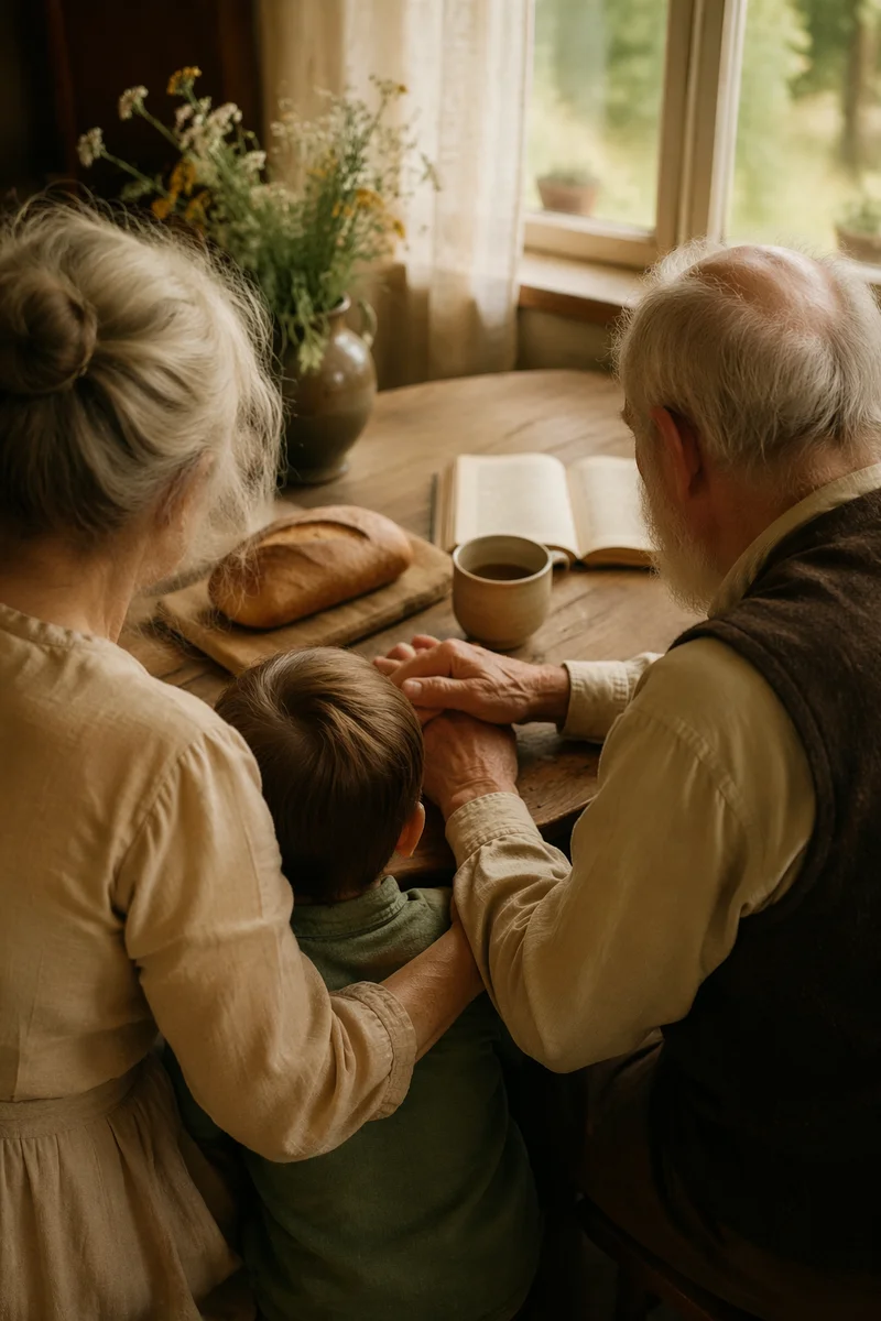 Grandparents and Grandchild Sharing Bread