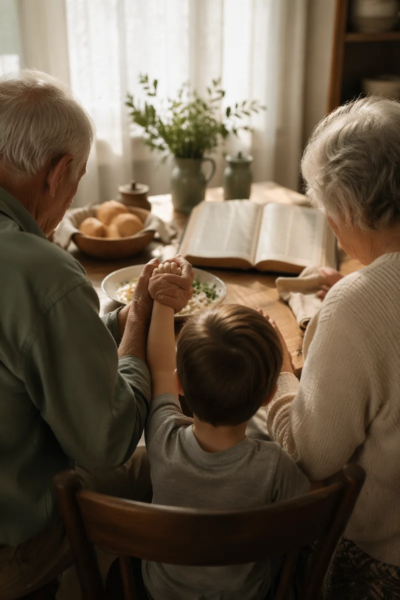 Grandparents and Grandchild Praying at Breakfast
