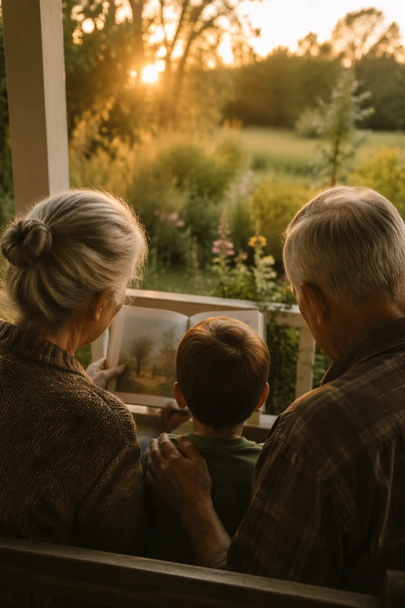 Grandparents Reading with Grandchild at Golden Hour