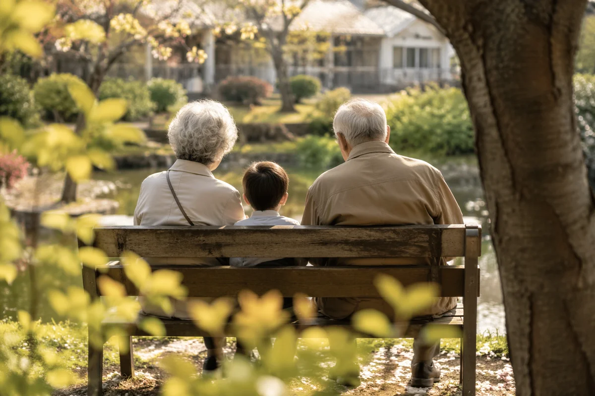 Grandparents and Grandchild by Garden Pond
