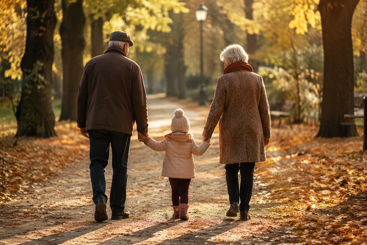 Grandparents and Grandchild Walking in Autumn Park