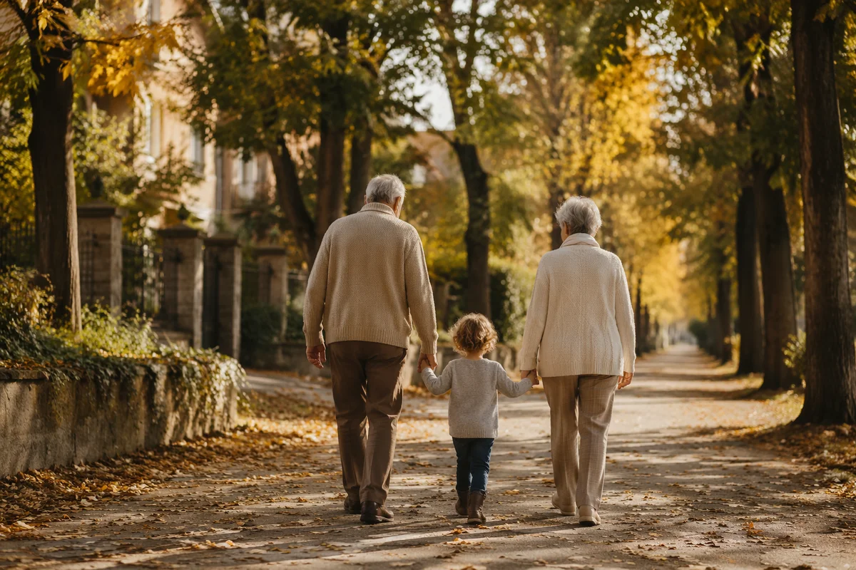 Grandparents and Grandchild Walking in Autumn Light