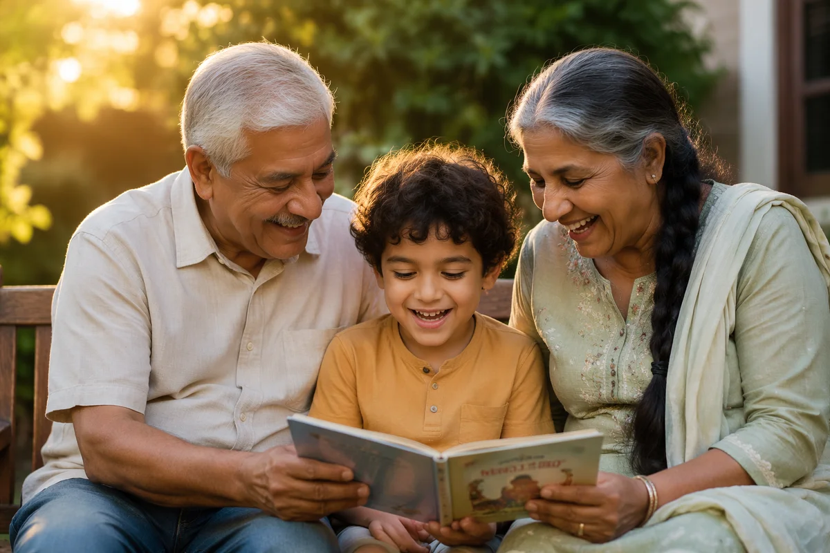 Grandparents and Grandchild Reading in Garden