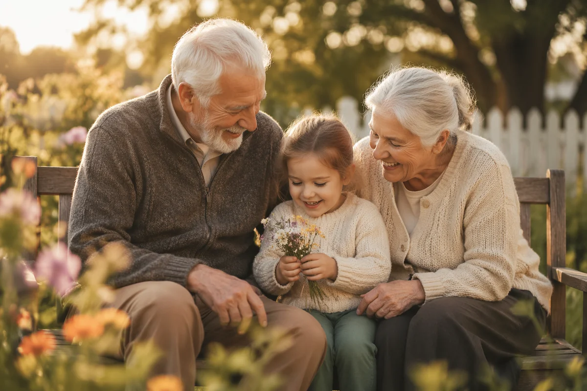 Grandparents and Child Laughing in Garden