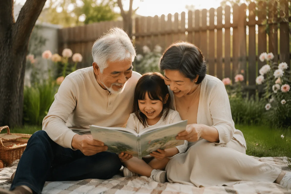 Grandparents and Grandchild Reading in Garden