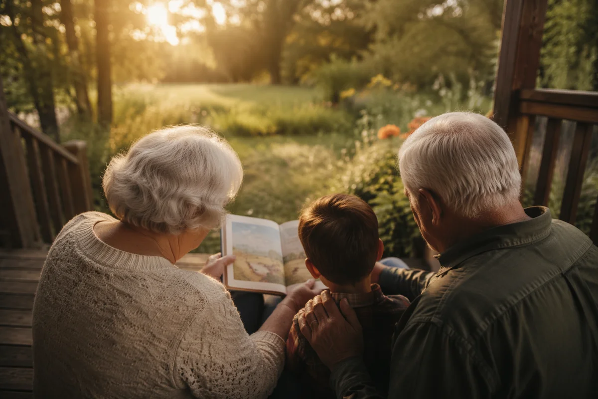 Grandparents Reading With Grandchild at Golden Hour