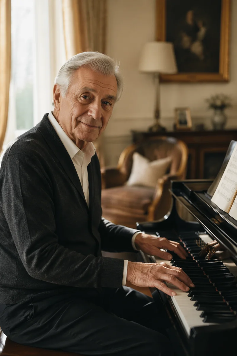 Grandfather Playing Grand Piano in Living Room