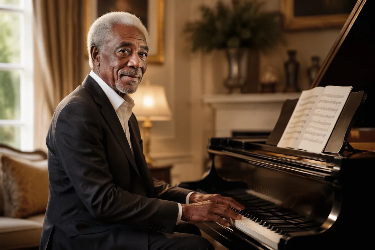 Elderly Man Playing Grand Piano Indoors