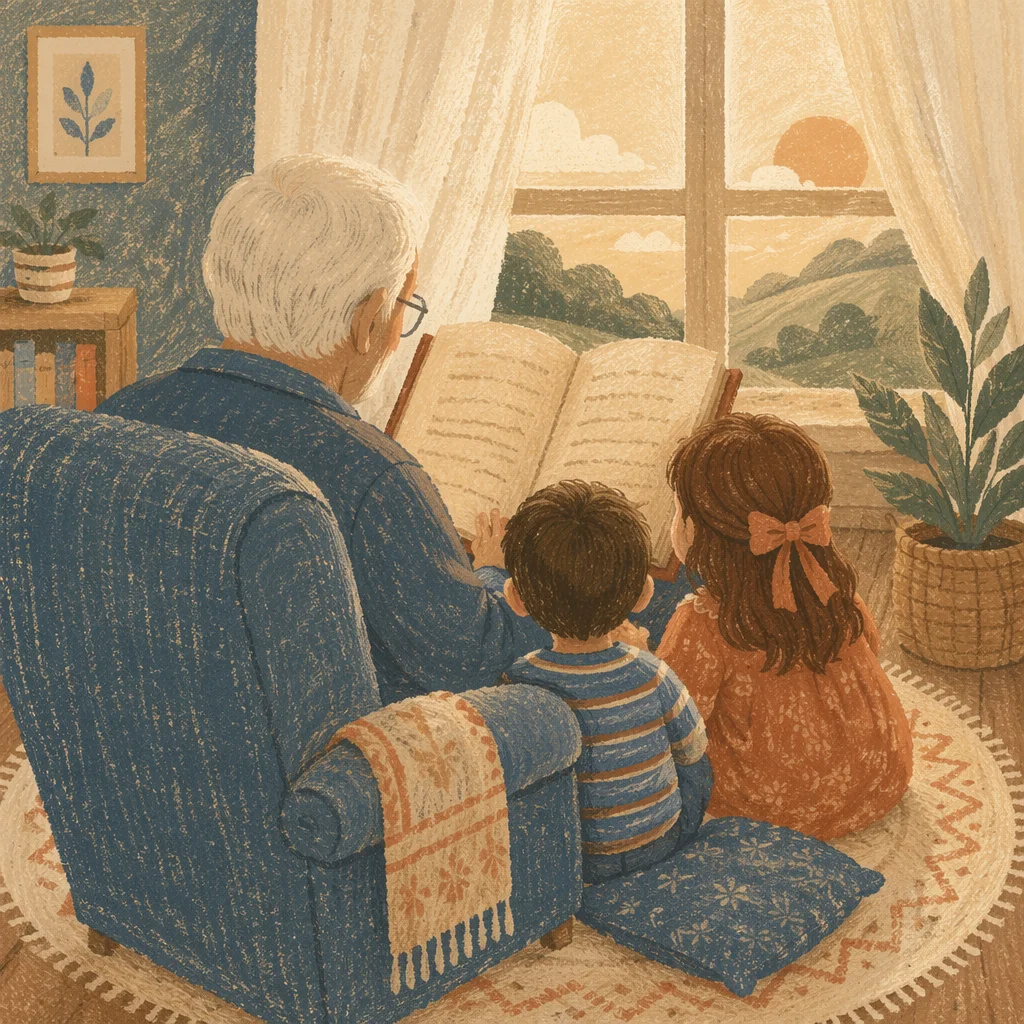 Grandfather Reading Bible Story to Grandchildren