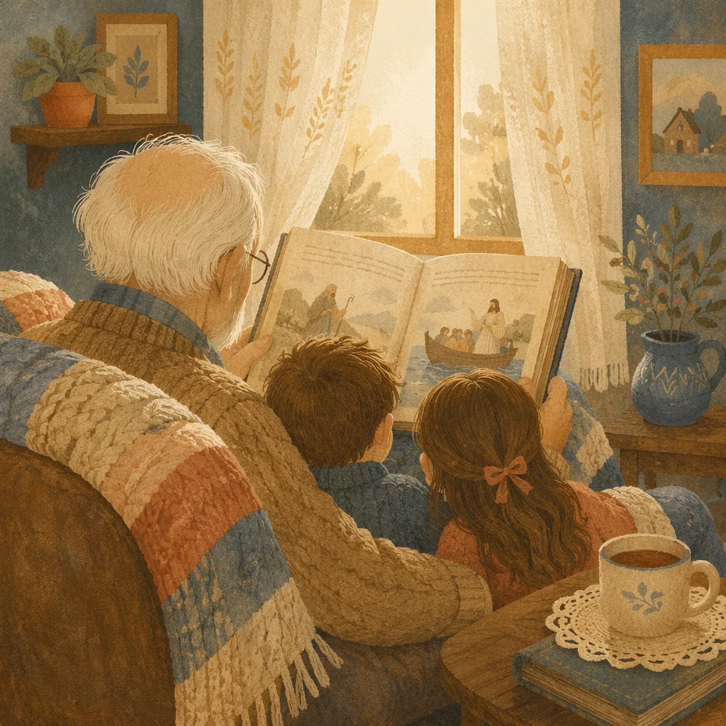 Grandfather Reading Bible Story to Grandchildren