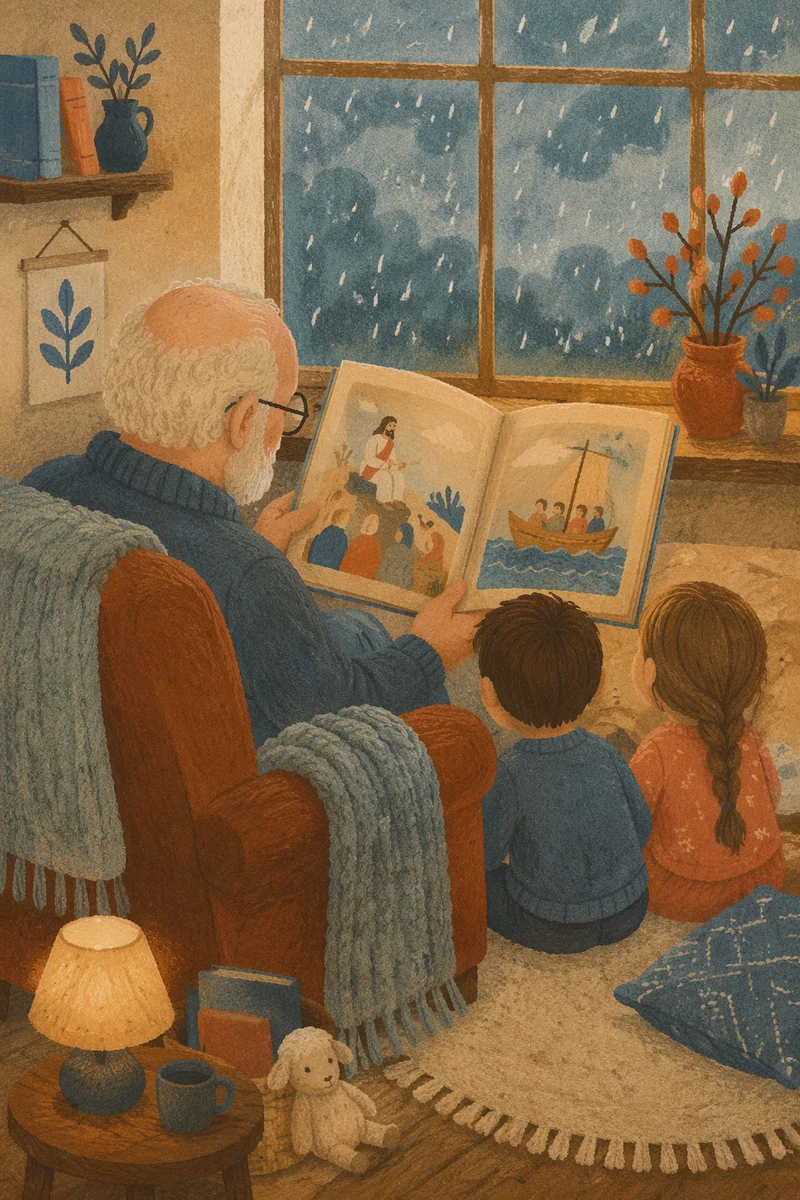 Grandfather Reading Bible Story to Grandchildren