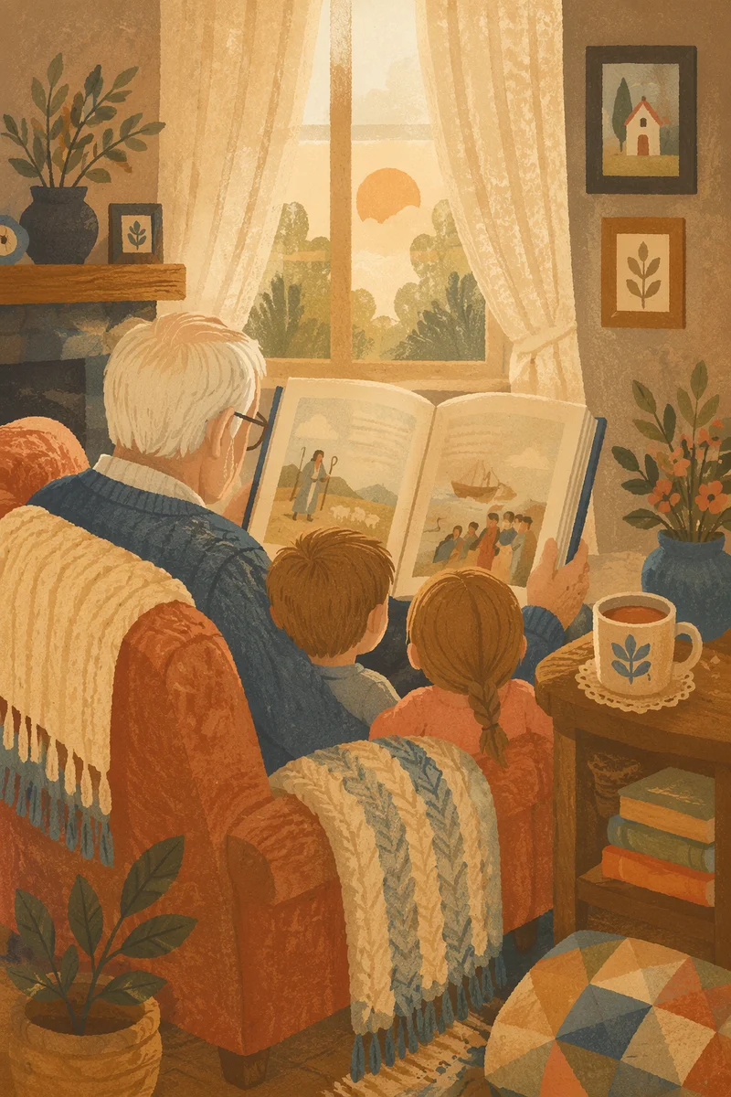 Grandfather Reading Bible Story to Grandchildren