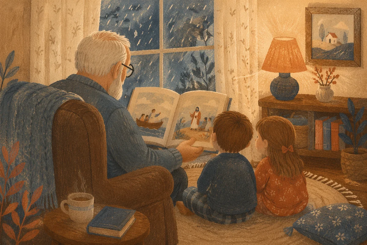 Grandfather Reading Bible Story to Grandchildren