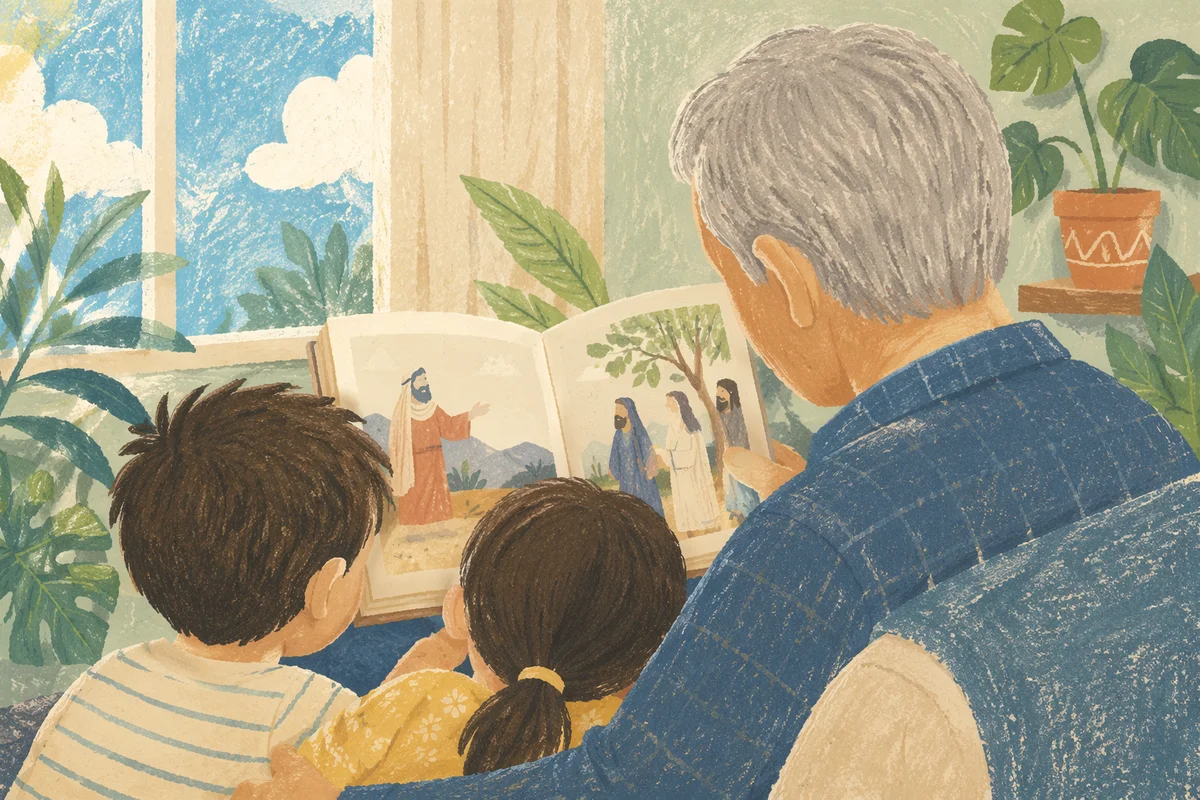 Grandfather Reading Bible Story to Grandchildren