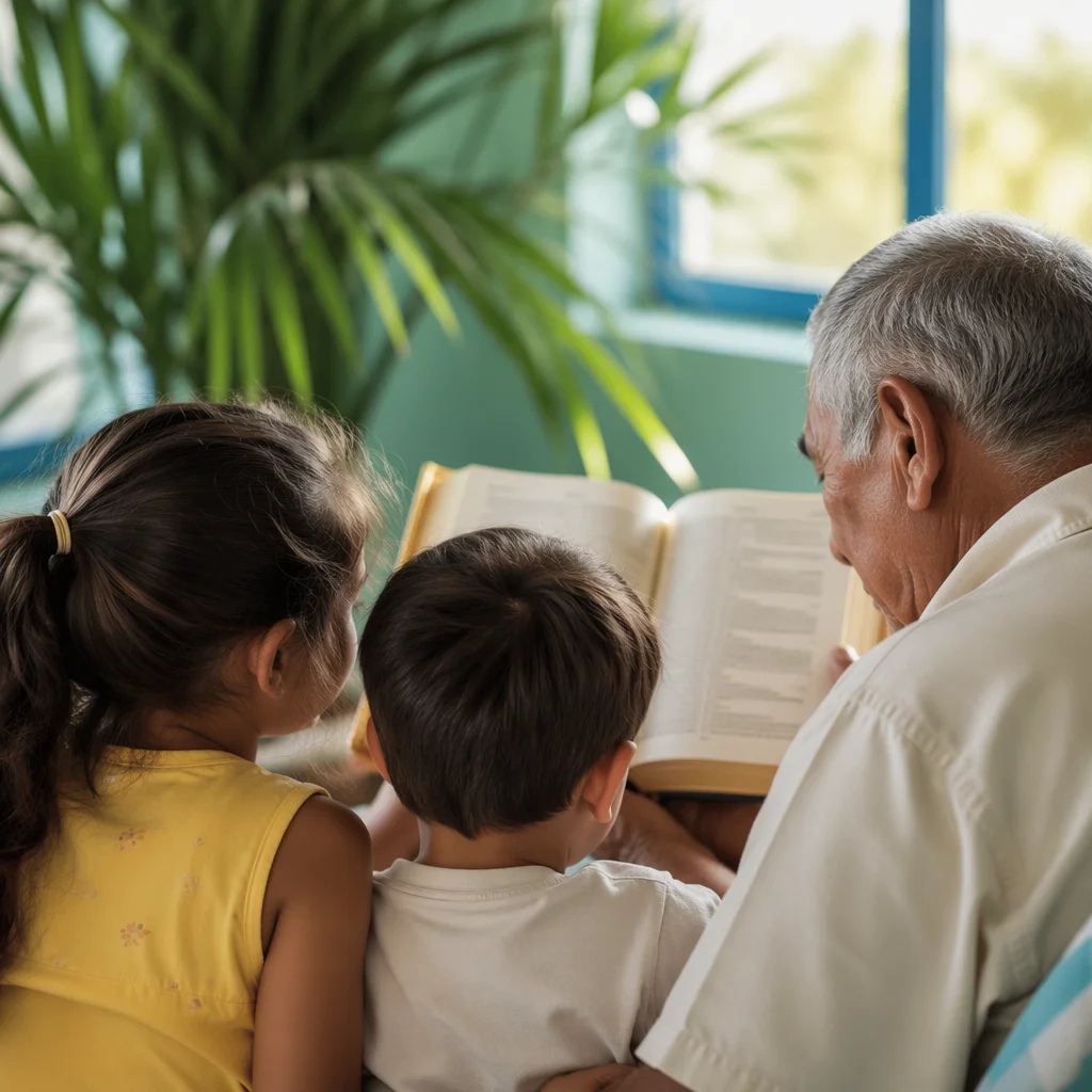 Grandfather Reading Bible Story to Grandchildren