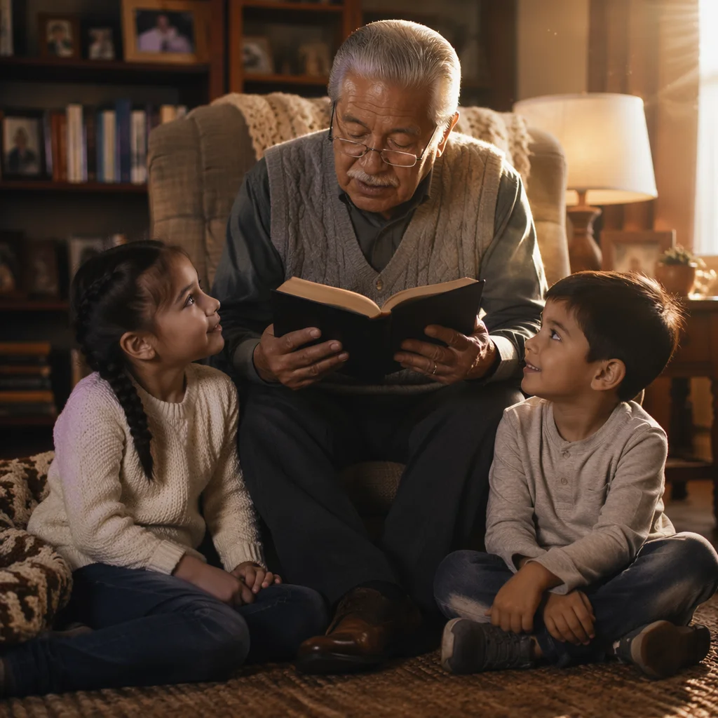 Grandfather Reading to Grandchildren in Living Room