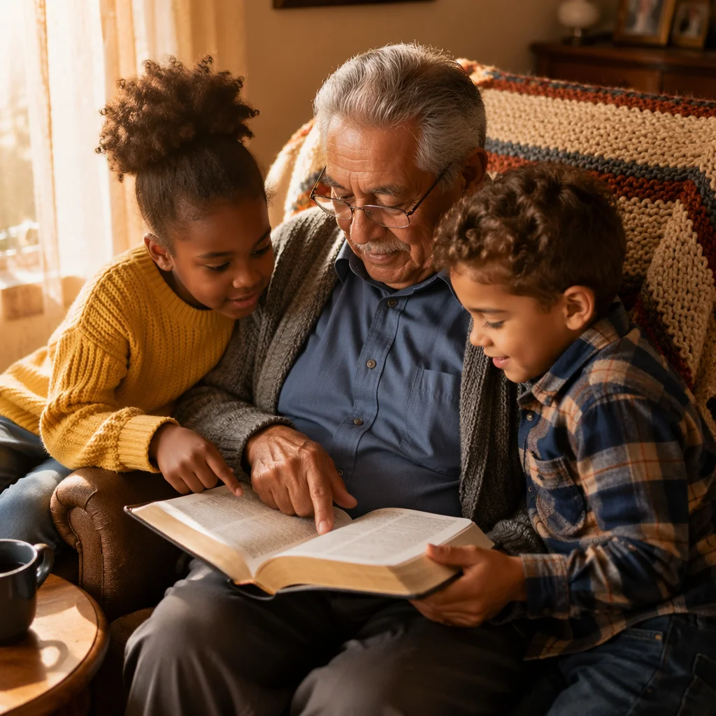 Grandfather Reading to Two Grandchildren