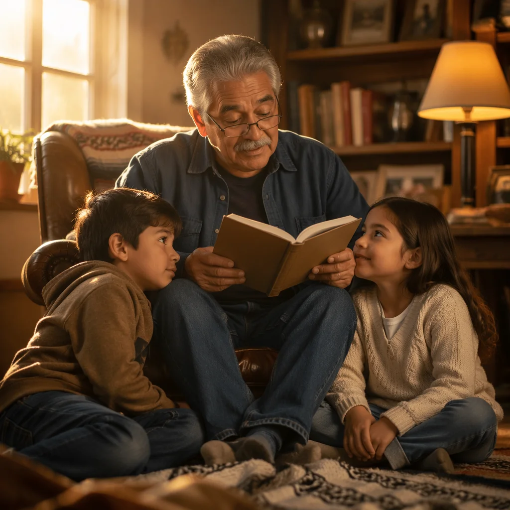 Grandfather Reading to Grandchildren at Sunset