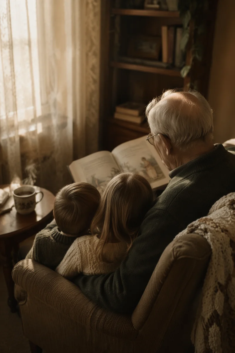 Grandfather Reading Bible Story to Grandchildren